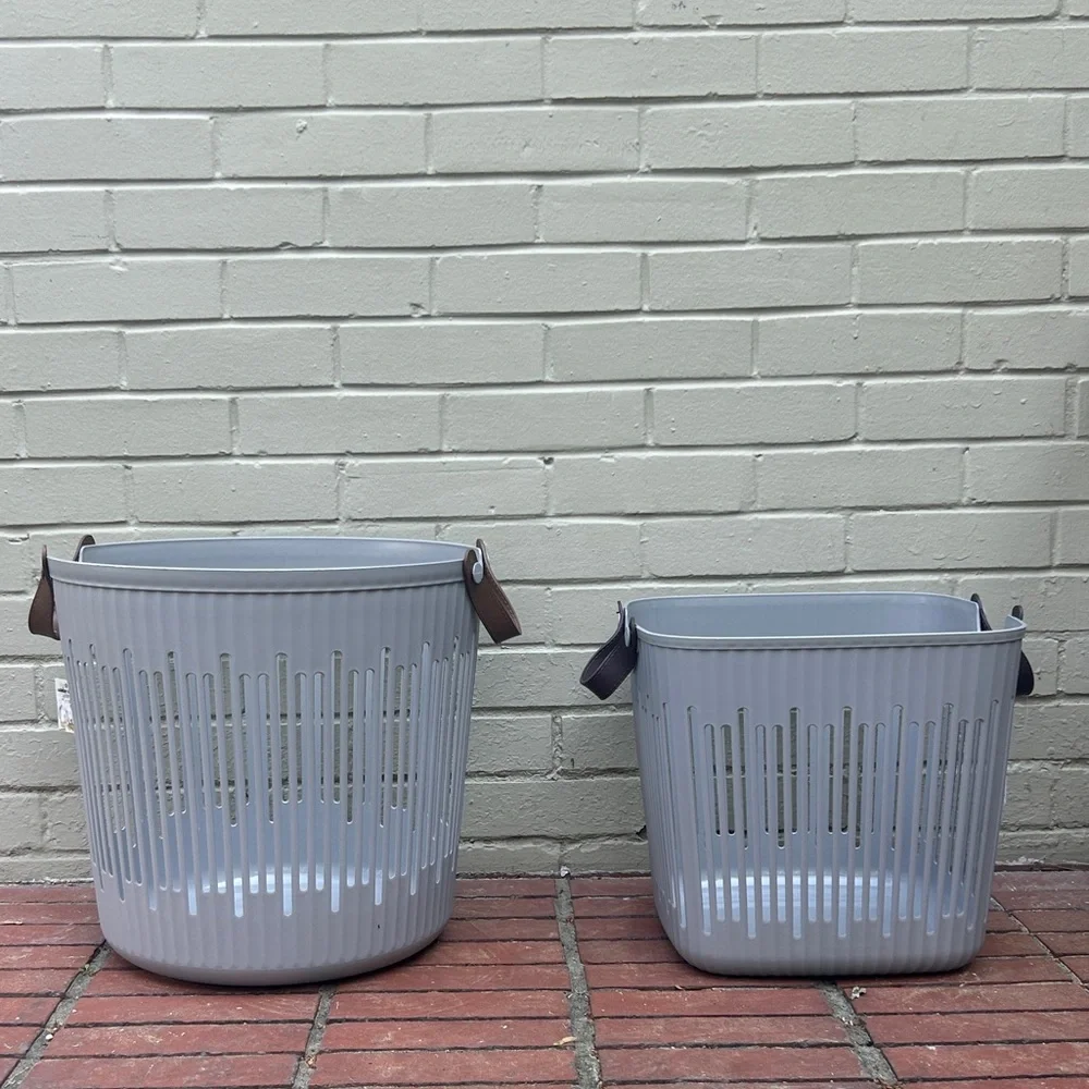 HandyMan Ventilated Storage Tote Basket Neutral Utility Bin Leather Handles SET